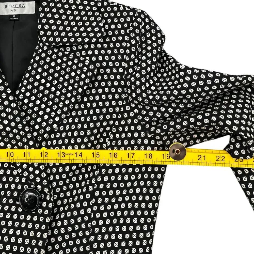 Stresa Black White Double Breasted‎ Notched Lapel Geometric Blazer Jacket Size 8
